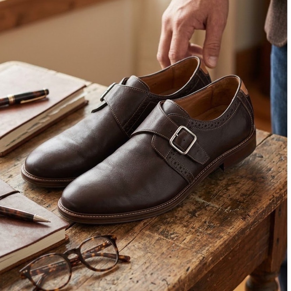 Johnston & Murphy Mens 12M Brown Leather Monk Strap Shoes Sheepskin Lining